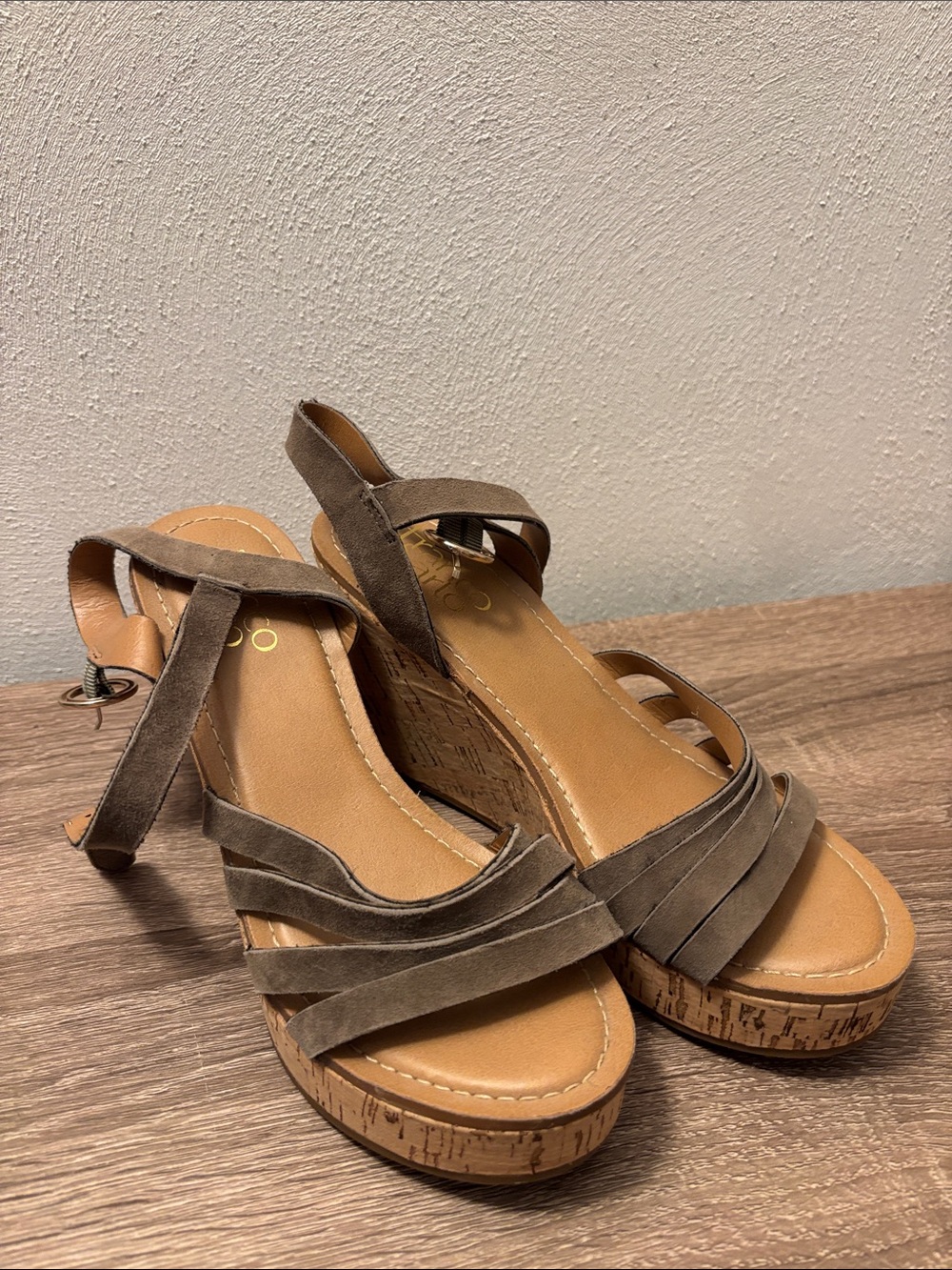 Franco Sarto Women's Taupe Suede Cork Wedge Sandals with Ankle Strap